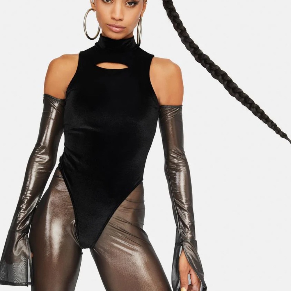 Grunge glam Black velvet & sheer mesh bodysuit